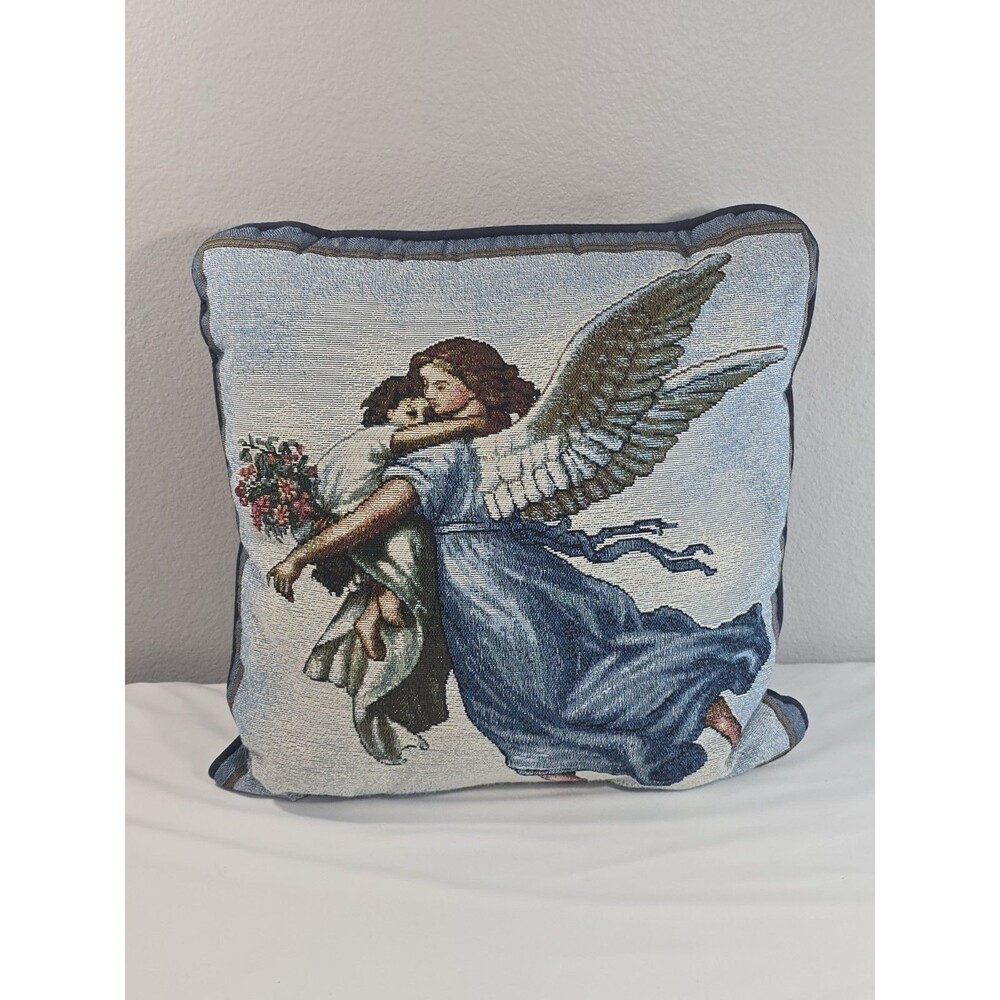 VTG Needlepoint Tapestry Pillow Guardian Angel with Child 15 x15 Blue